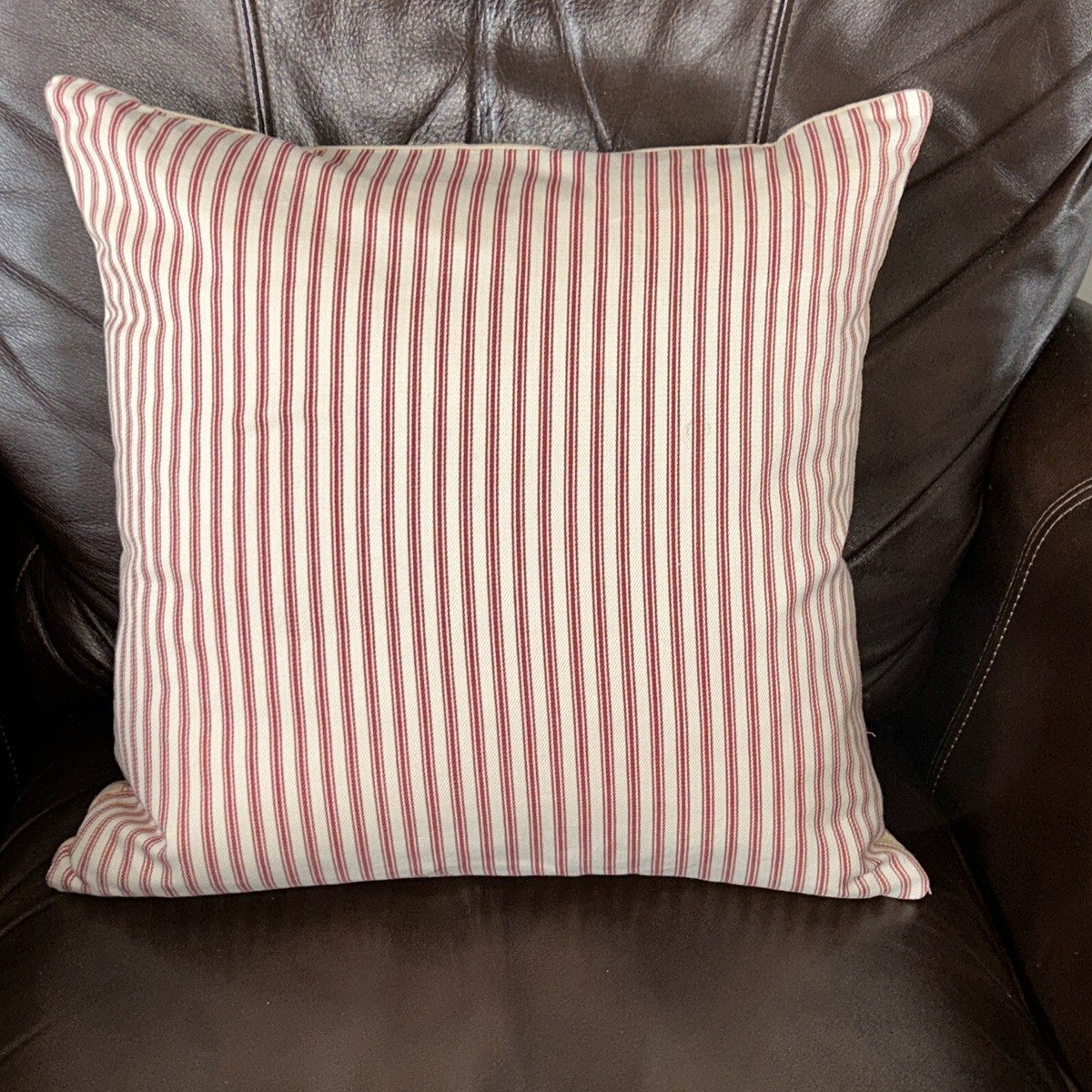 Pottery Barn Feather Throw Pillow Red Tan Squares Stripe Ticking Linen  Blend 18”