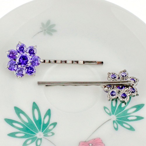 2pcs Daisy Purple CZ Cubic Zirconia Crystal Hair Barrette Clips Bobby Pins B169p - Picture 3 of 3