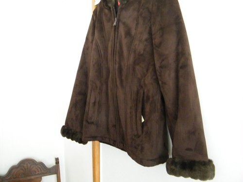 ESPRIT FAUX SUEDE / FUR HOODED COAT / JACKET DARK BROWN WOMAN'S L - Picture 4 of 8