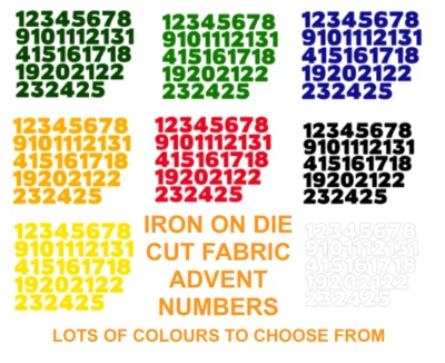 ADVENT IRON ON DIE CUT FABRIC NUMBERS ! 1-25!! aprox 3/4" inches Craft/Christmas