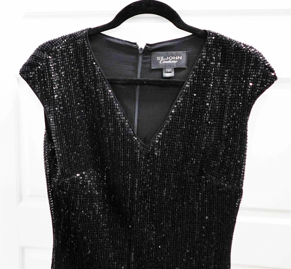 St John Couture Black Beaded Sequin Stretchy Evening Dress sz 4 - Image 2 of 4
