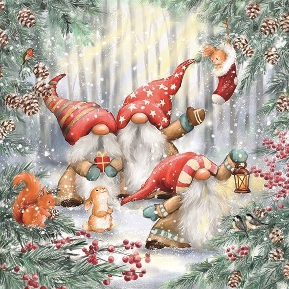 4 x Paper Napkins/3Ply/33cm/Decoupage/Christmas/Gnomes in Snowy Forest