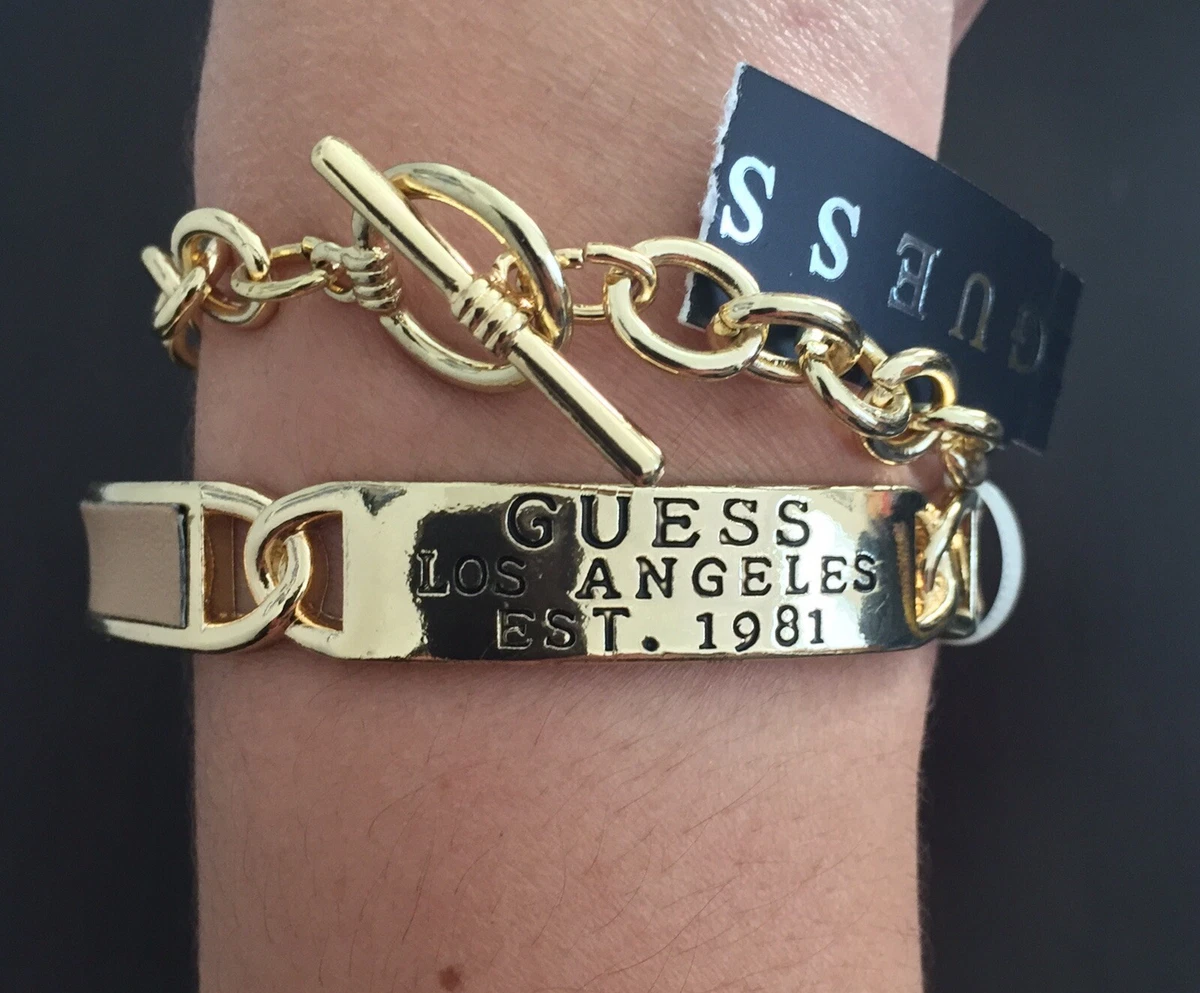 Guess Gold Tone With Leather Bracelet And Gold Tone Chain Bracelet