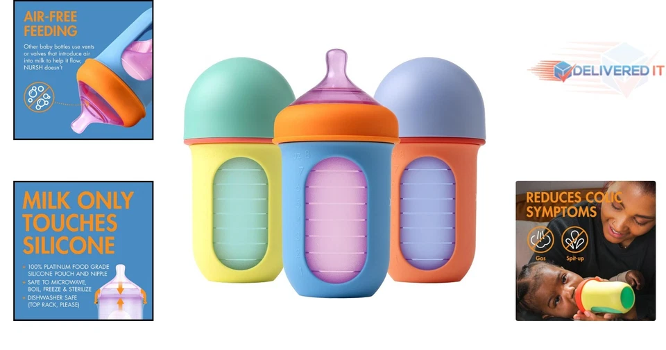 Nursh 8 Oz Anti-Colic Baby Bottles - 100% Silicone - Color Block - 3 Count - Image 2 of 4
