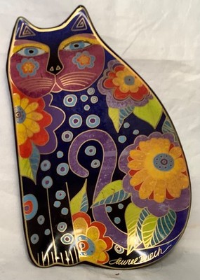Laurel Burch Flowered Cat Shaped Trinket Tray Signed 8.25''