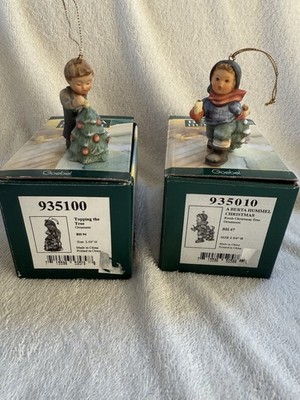 2 Goebel Christmas Ornaments Boys with Trees Inspired by B Hummel in Boxes EUC
