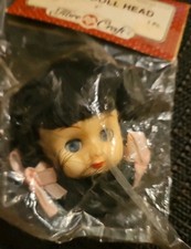 Fibre Craft Pigtail Doll Head 7462 2" Black Hair Closing Blue Eyes Pink Bows FS