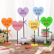 6 Pcs Valentine's Day Conversation Hearts Table Decor Colorful Heart Wooden Tall