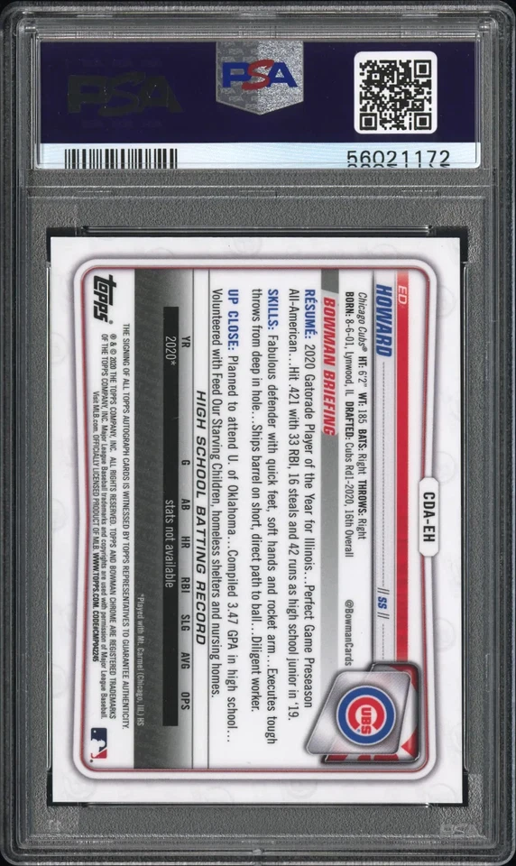 Ed Howard 2020 Bowman Chrome 1st Auto Blue Wave Refractor /150 PSA 10 Cub  - Image 2 of 2