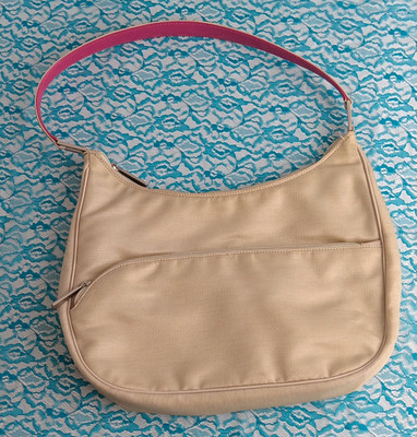 Lancel Beige Crescent Shoulder Bag, Zip, Pink Lining, Pockets, Pink Strap