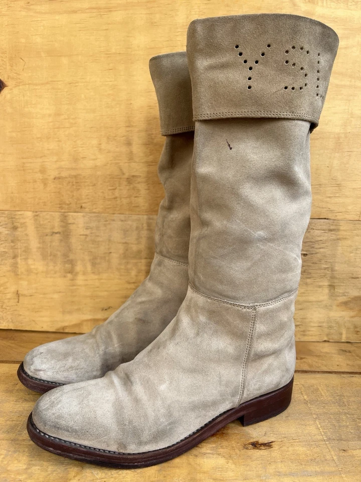 YSL Yves Saint Laurent Botas de pantorrilla de gamuza camel tostadas plegables superiores corte láser logotipo EU38.5 Foto 4 de 4