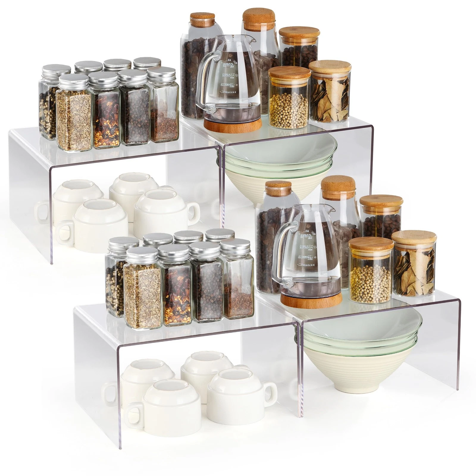 4 PCS Clear Acrylic Kitchen Cabinet Organizer Spice Rack Plate Storage Riser