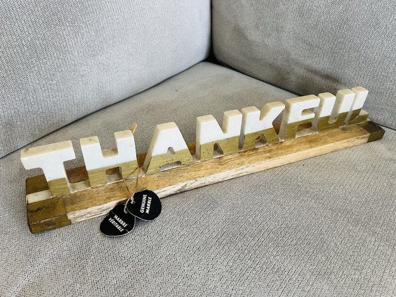 ‘THANKFUL’ Genuine Marble Wood Base Word Decor Sign Ivory Brown - Made In India