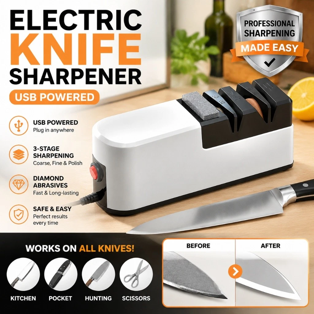 Electric Knife Sharpener 3 Stage Diamond Kitchen Sharpening Stone Grinder knives
