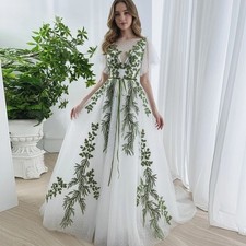 Green Leaves Embroidered Boho Wedding Dresses Scoop Neck Cap Sleeve White Tulle
