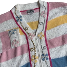 VTG Berek Cardigan Womens Large Linen Cotton Pastel Sweate Art to Wear Embellish