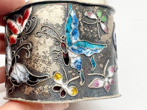 ANTIQUE SOLID SILVER CHINESE ENAMEL BOX BUTTERFLY FLORAL DESIGN ORIENTAL - Picture 12 of 16