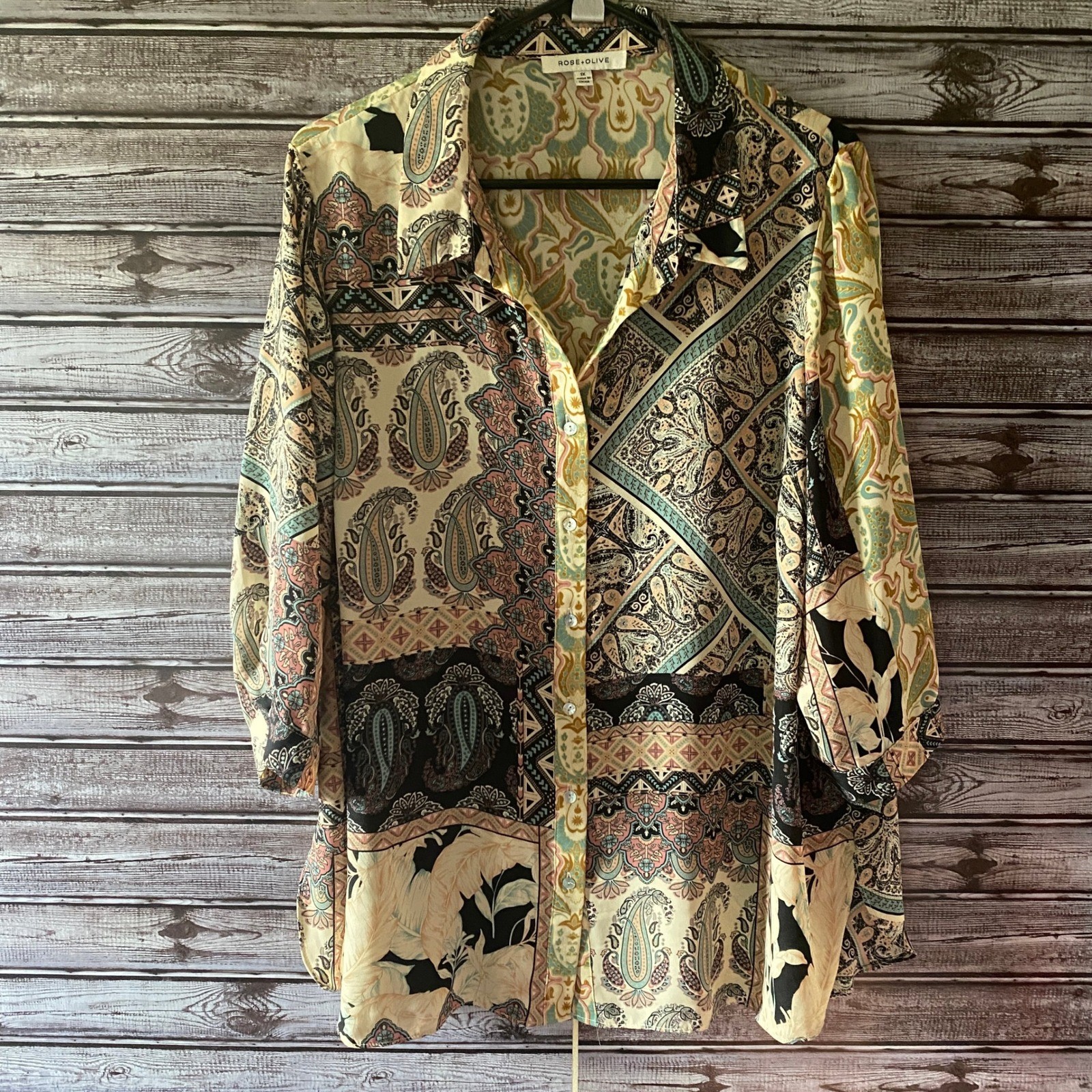 Rose + Olive Women's Long-Sleeved Button-Down Blouse Size 1X Paisley