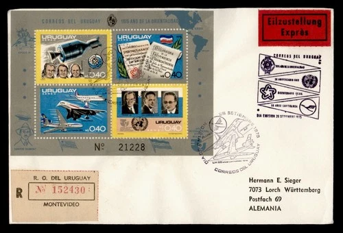 DR WHO 1975 URUGUAY FDC S/S REGISTERED SPECIAL DELIVERY TO GERMANY M74125