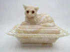 Westmoreland Cat on Nest Almond Slag Glass Covered Dish Lacy Base Milk Swirl Vtg