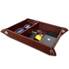 Valet Tray for Men and Women - PU Leather Nightstand Organizer with Desk Catc...