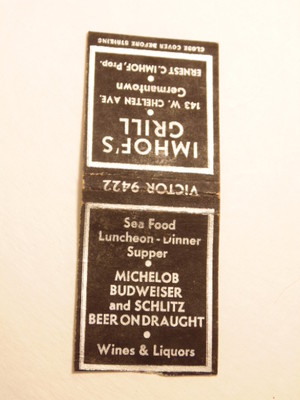 advertising matchbook cover: Imhof's Grill, Chelten Ave., Germantown