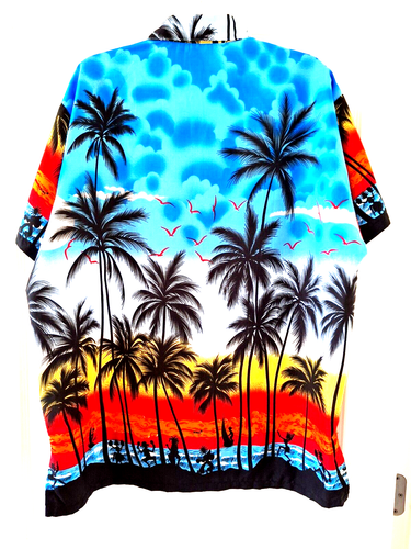 Happy Bay Hawaiian Tropical Ocean Sunset Short Sleeve Button Up Shirt Mens Sz L - Picture 2 of 4