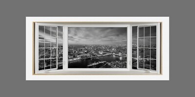 London Cityscape Skyline Black White Grey UK 3D Effect Window Canvas Picture Art