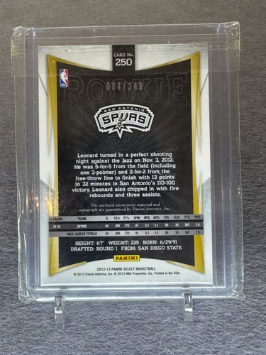 2012-13 Panini Select Kawhi Leonard Rookie Jersey Auto #4/249 - Picture 2 of 2