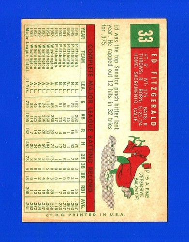 1959 Topps SET BREAK #33 ED FITZGERALD EXMINT WASHINGTON SENATORS (SB1) - Picture 2 of 2