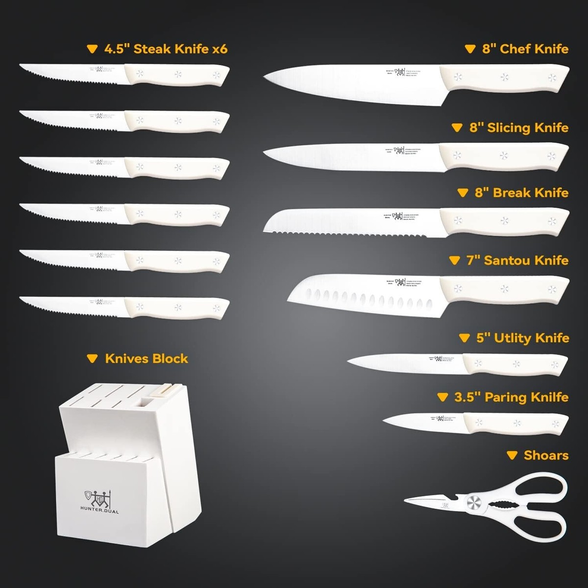 HUNTER.DUAL Knife Set 15 Pc Kitchen Knife Set with Block Self