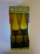 Vintage 1967 SCANDIA Tear Drop CANDLES with METAL HOLDERS 2 Yellow IN BOX Capri