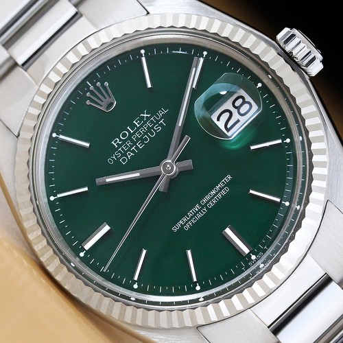 Rolex Hombre Datejust Verde Esfera 18K Blanco Acero Oro Reloj W/ Oyster Pulsera