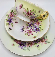 Vintage Hand Painted Purple Floral Trio Cup, Saucer & Dessert Plate Set Teacup