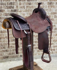 Western Brown Oiled Leather Roper Wade Saddle with Hand Carving 15",16",17"