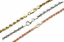 14k Solid White Yellow Rose Gold 4mm Rope Chain Necklace Size 16"-30"