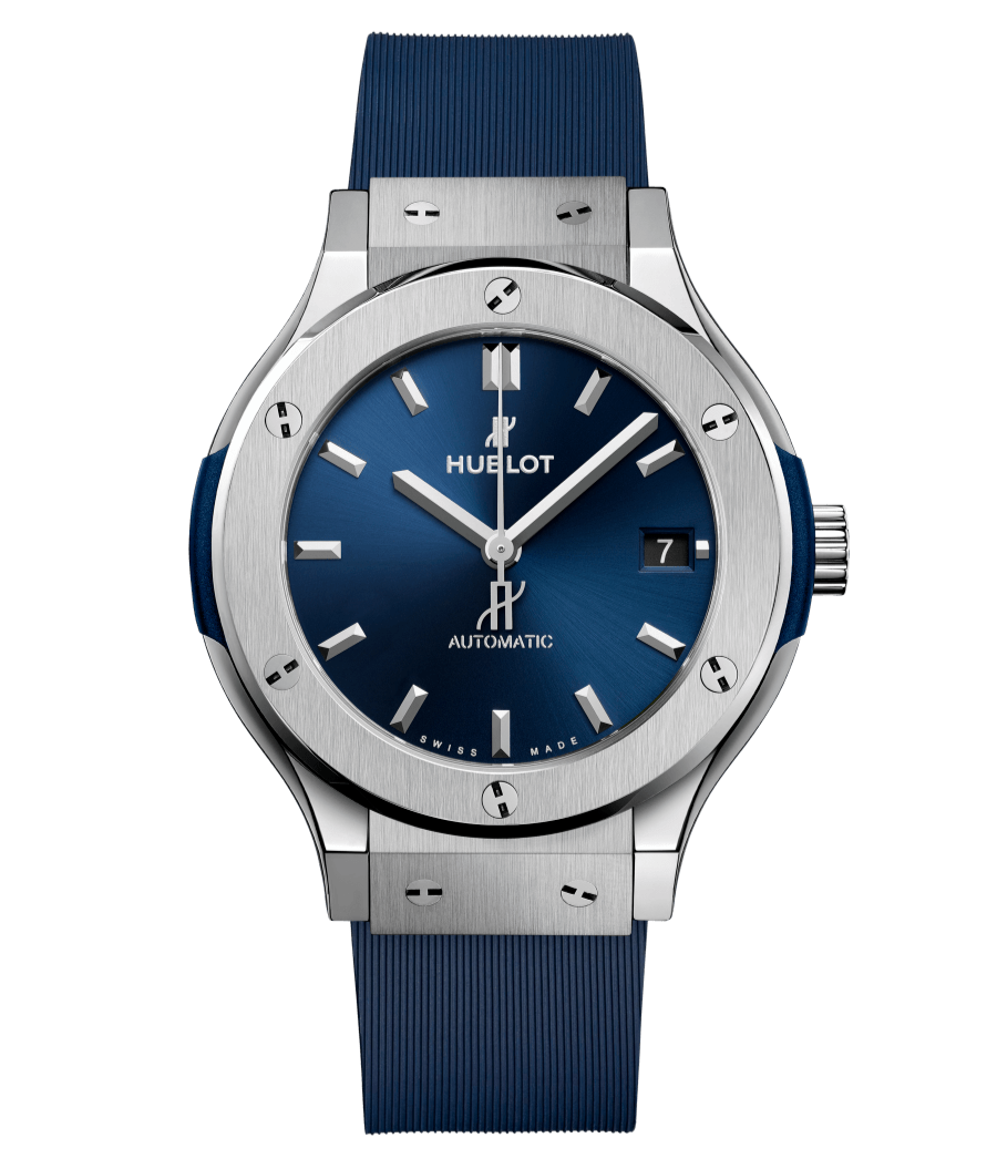 Hublot Classic Fusion 38mm Titanium Case Blue Rubber Strap Ref 565.NX.7170.RX