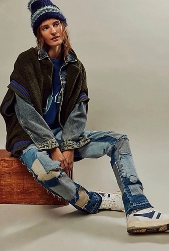 FREE PEOPLE WE THE FREE BARE WITH ME MID RISE STRAIGHT LEG JEANS PATCHWORK DENIM - Picture 4 of 5