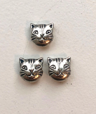 Cat Face Beads, Antique Silver Color, 10MM, 3 Kitty Jewelry Beads, Side Hole NEW