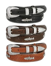 Western Silver Engraved Fish Conchos Belt Genuine Leather Ranger Belt
