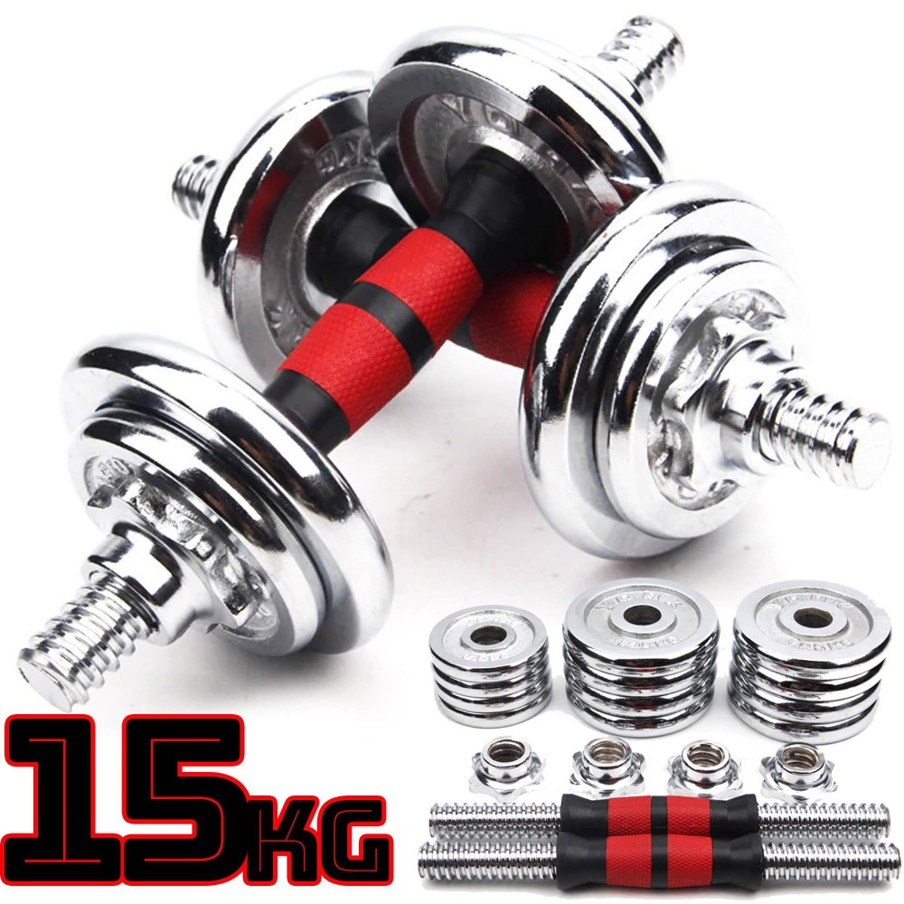 SET MANUBRI PESI REGOLABILI COMPONIBILI PALESTRA DUMBBELL IN ACCIAIO 15 KG TOT