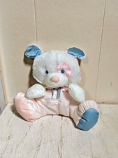 Vtg Fisher Price Puffalump Stuffed Nylon Puppy Dog Pink Blue White Baby Rattle