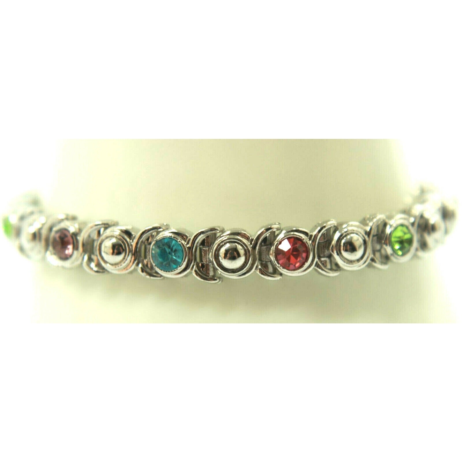 Silvertone Multi Colored Rhinestone Link Bracelet… - image 6
