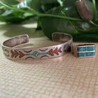 Native American Turquoise Coral Cuff Bracelet VTG matching ring 925 dpc MEXICO