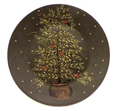 Primitive Style Wood Plate Donna White Hand Painted Tree With Red Birds 11.5"