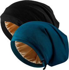 2 Pcs Adjustable Silk Hair Bonnet for Sleeping, Satin Lined Sleep Cap for Women