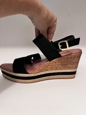 Coach and Four Women's Cork Double Strap Sling Back Black Wedge Sandals 10