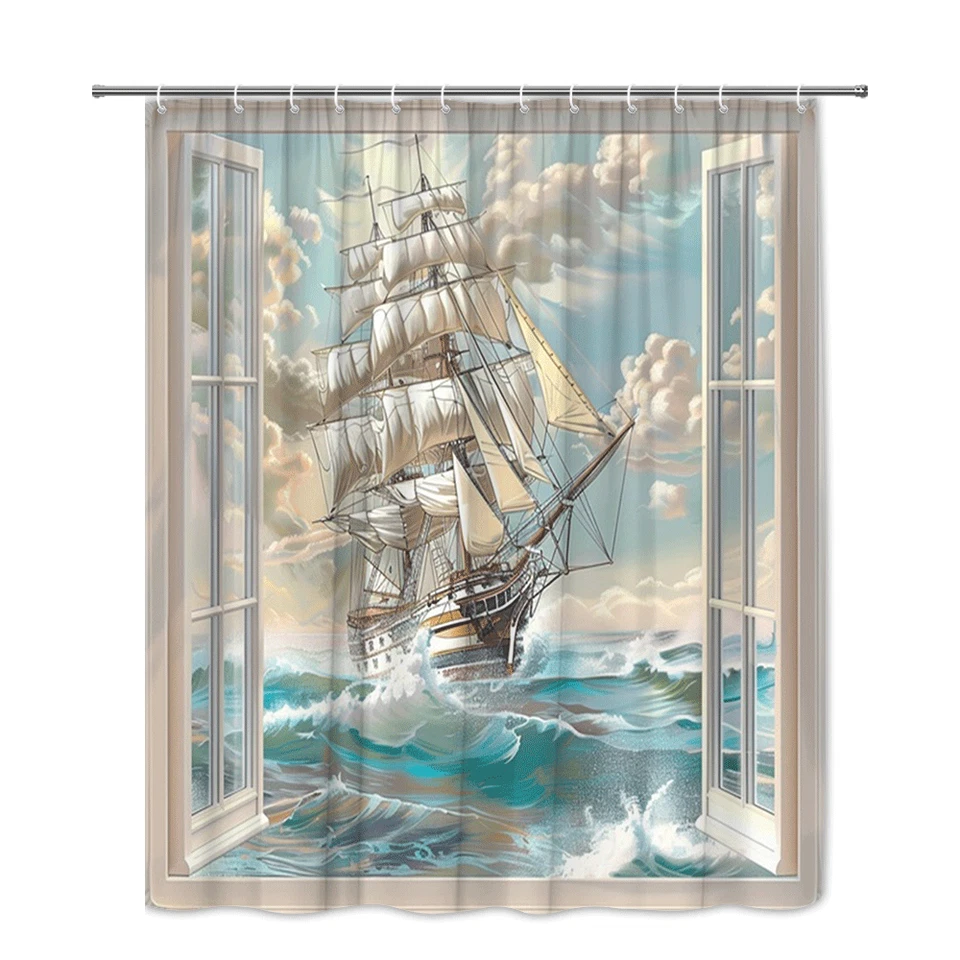 Cortina de ducha velero olas del océano baño náutico decoración estilo costero Foto 4 de 4