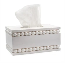 Beaded Tissue Box Cover, Rectangular White; Rustic Farmhouse Wood Tissue Holder
