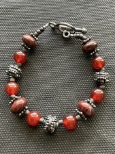 Vintage beaded gemstone bracelet Carnelian  Red Jasper Silver Tone